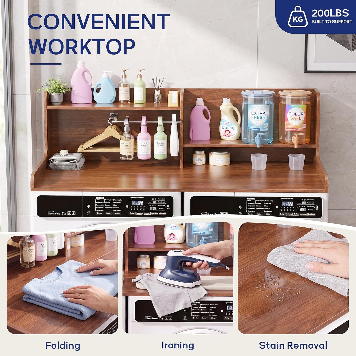 DTK Washer Dryer Wood Countertop with Shelf, Laundry Topper with Non-Slip Mat,27.55" Depth x 54" Width Dryer Covers for The Top with Edge Rails, Black