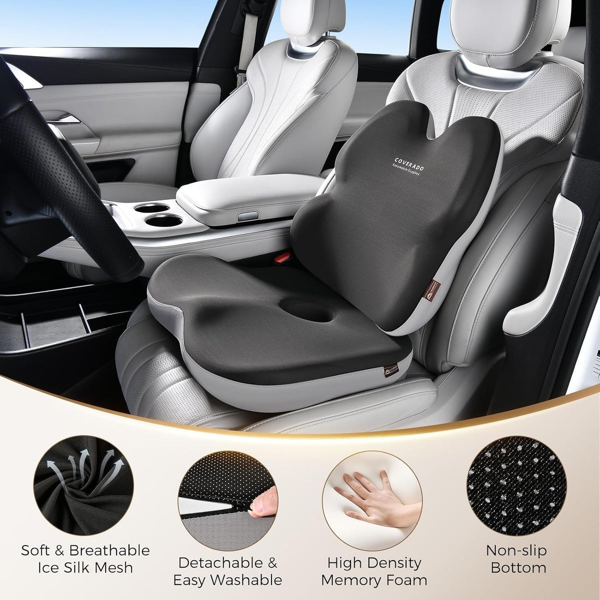 Coverado Lumbar Support Pillow and Seat Cushions for Office Chairs, Memory Foam Orthopedic Coccyx Cushion for Tailbone Pain Cushion Pillow & Back Pain Pressure Relief Seat Cushion Coffee&Beige