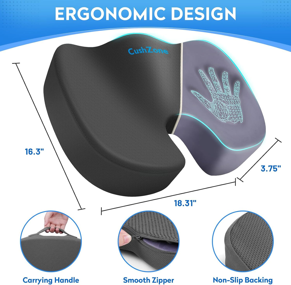 CushZone Seat Cushion Memory Foam Chair Pad for Office & Car, Black