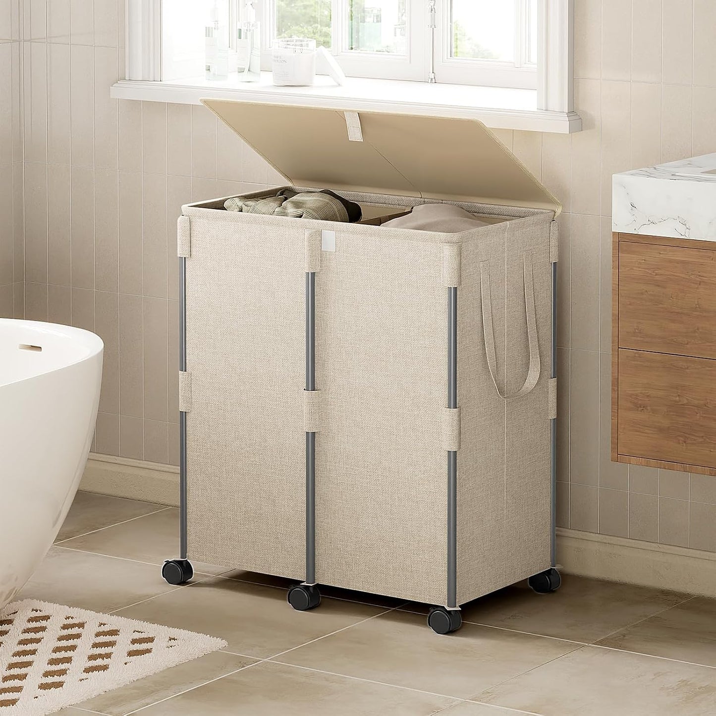 140L Double Laundry Hamper with Lid and 6 Wheels, Rolling Laundry Basket | Gasvadivum Metal Frame Laundry Sorter 2 Section with 2 Removable Bags, Large Clothes Cart for Bedroom, Bathroom, Black