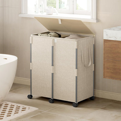 140L Double Laundry Hamper with Lid and 6 Wheels, Rolling Laundry Basket | Gasvadivum Metal Frame Laundry Sorter 2 Section with 2 Removable Bags, Large Clothes Cart for Bedroom, Bathroom, Black