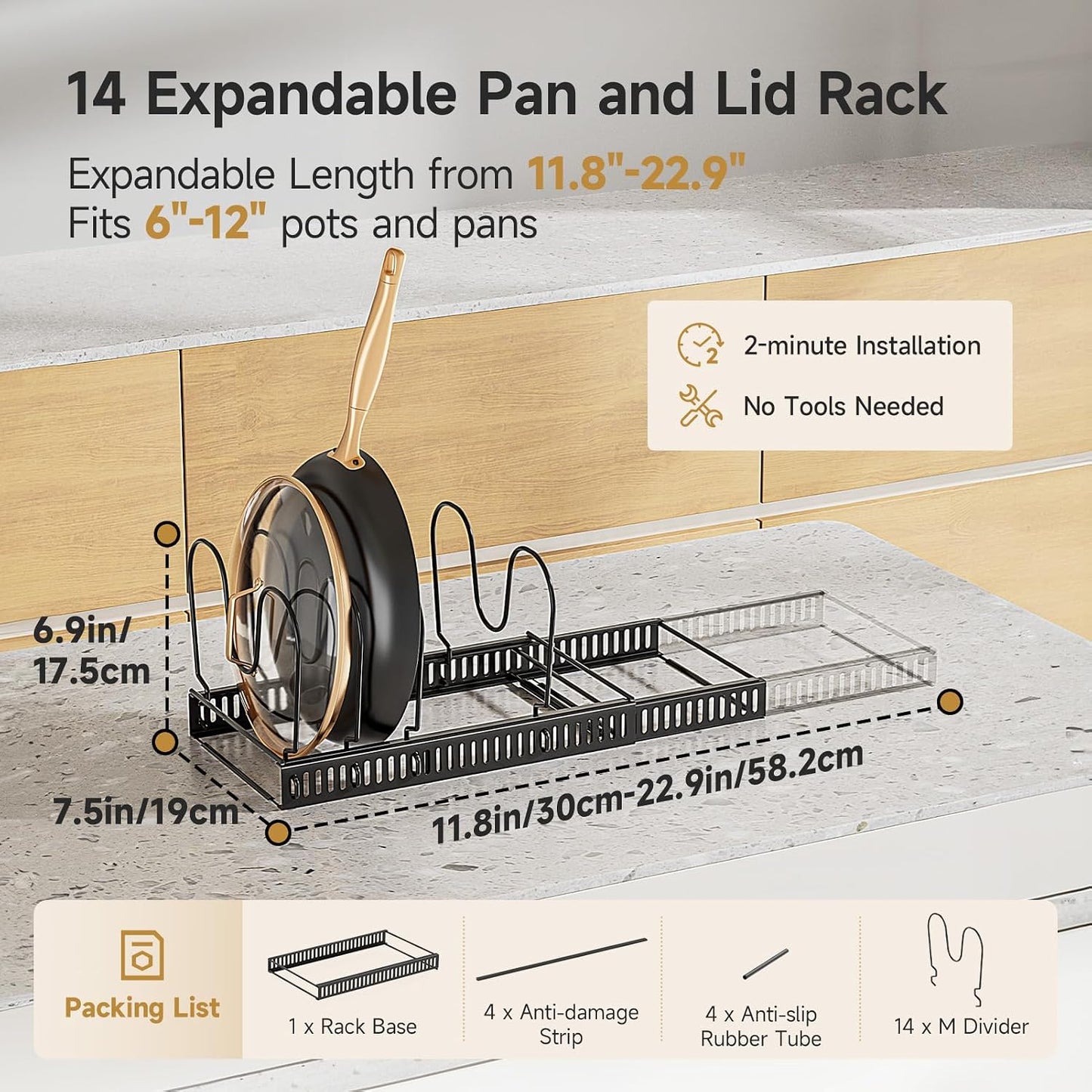 MUDEELA Pot Lid Organizer for Cabinet, Adjustable Baking Pan Rack 7 Slots | 7 Adjustable Divider, Tool-Free Assembly,Non-Slip, Scratch-Proof, Sturdy Metal Frame, For Pan Lid Cutting Board Bakeware