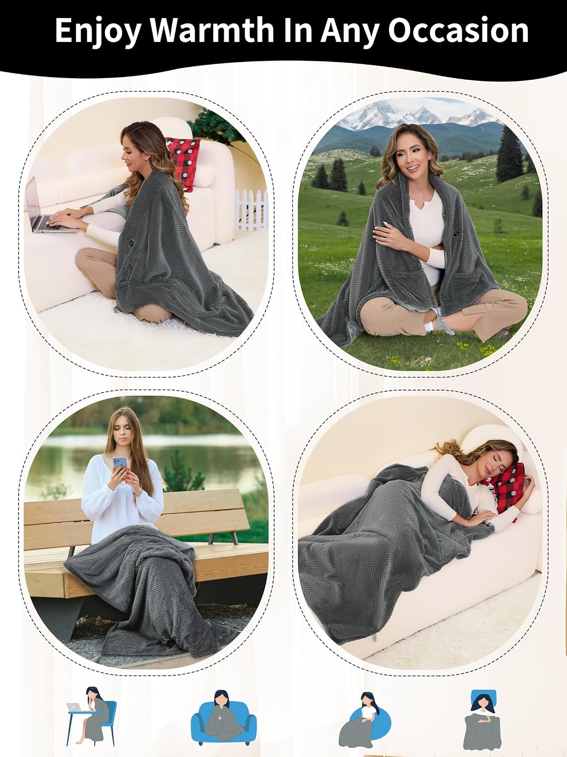 Heated Blanket Throw Battery Operated, Portable Wearable Heat Shawl Poncho | Cordless&Wearable,With 20000mAh Battery and 3 Heat Modes,Electric Heat Outdoor Camping Blanket for Stadium,Traveling,Picnics