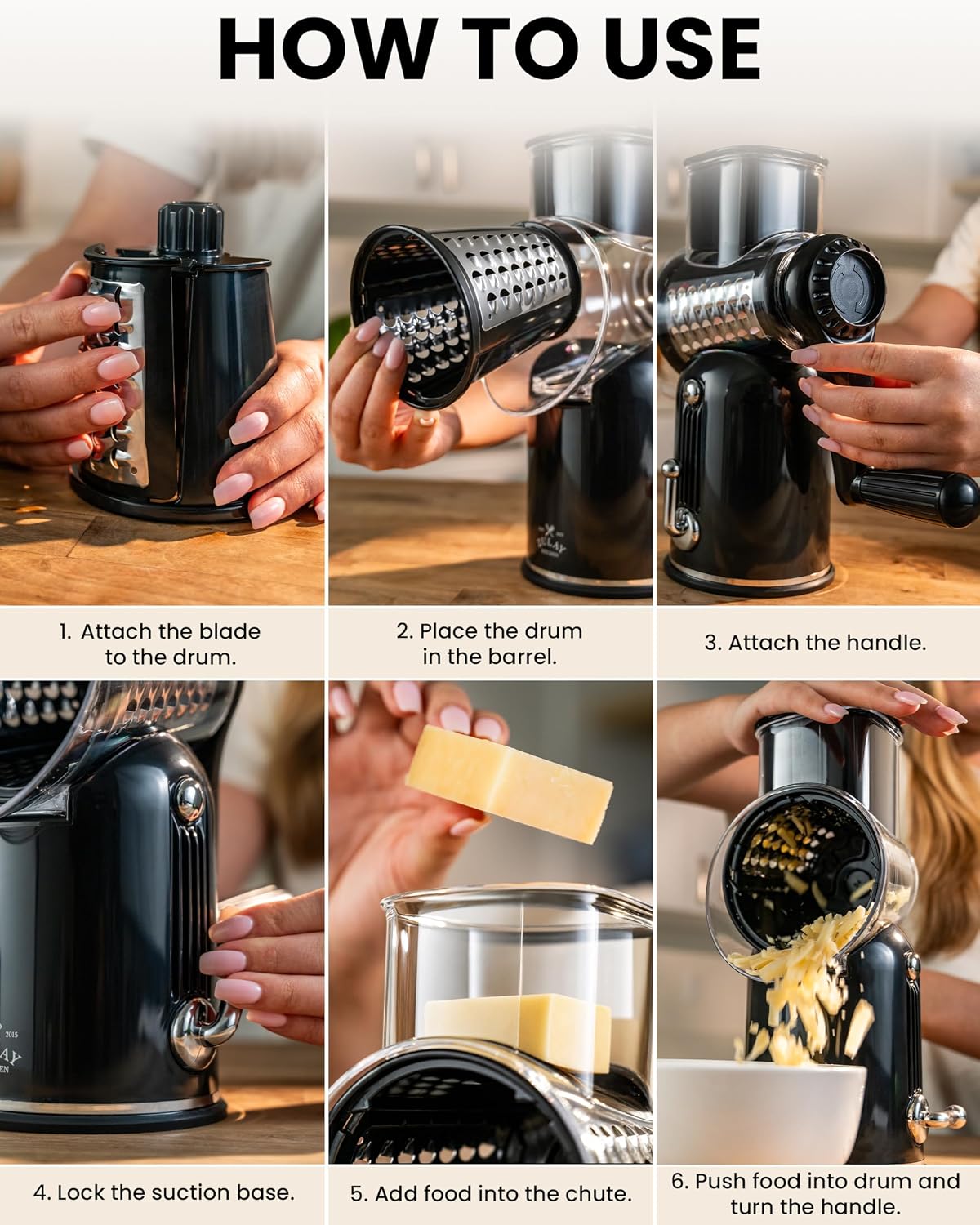 Zulay Kitchen Rotary Cheese Grater 5 Blade Cheese Shredder - Manual Hand Crank Cheese Grater With Reinforced Suction & 5 Interchangeable Drums - Easy to Use, Vegetable Chopper Round Mandoline Slicer - Colors B