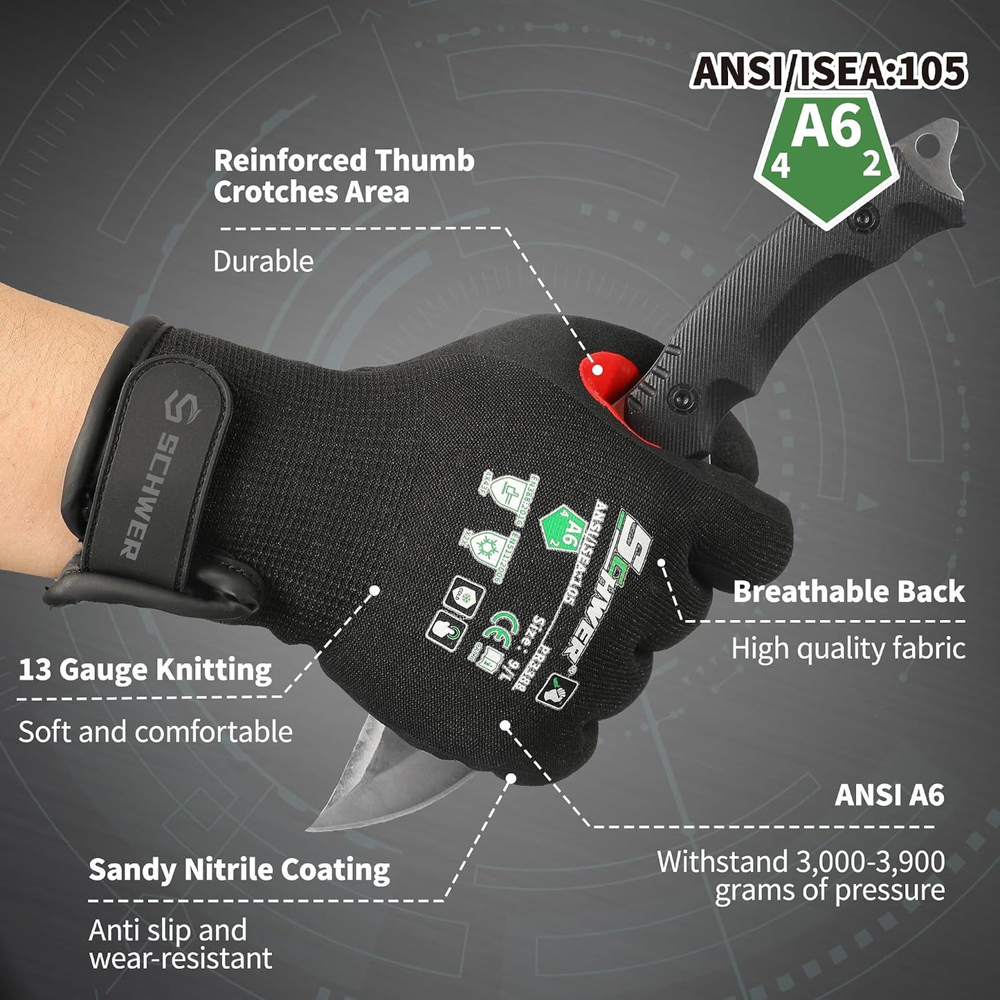 Schwer ProGuard High Level Cut Resistant Work Gloves for Extreme Protection, ANSI A9 Cut Gloves with Reinforced Thumb, Non Slip, Breathable, Durable, Touch-screen, Black 1 Pair（L 3326
