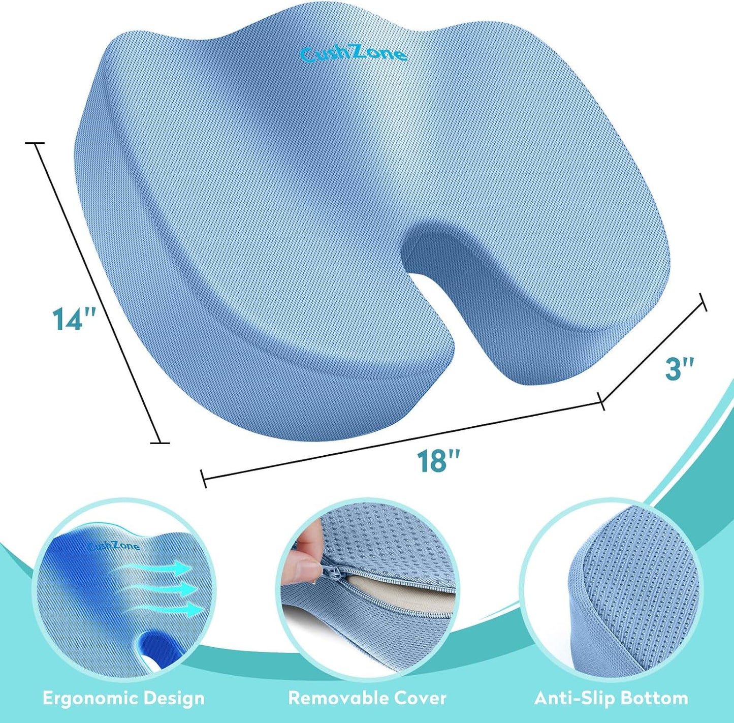 Gel Seat Cushion, Enhanced Memory Foam Cushion for Tailbone Pain, Black | Cooling Gel for Office Chair, U-shaped Design Chair Cushion for Gaming, Car, Wheelchair, Non-Slip Base, Washable Cover