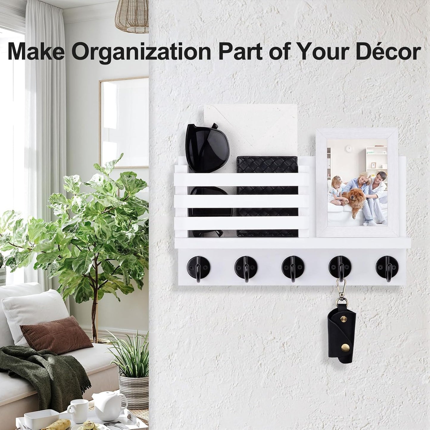 Lwenki Key Holder for Wall – Decorative Wooden Mail Holder and Key Shelf with Mounting Hardware, Installation Guide – Paulownia Wood with Metal Key Hooks (Black, Large - 11.8inch)