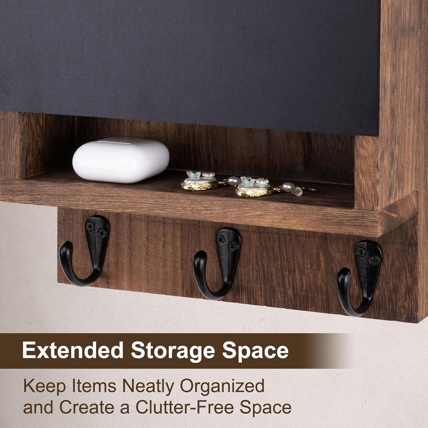 Key and Mail Holder for Wall with Chalkboard and Long Storage Box | Key Holder, Key Hanger with 3 Sturdy Hooks for Coat, Dog Leash, Entryway Mail Organizer