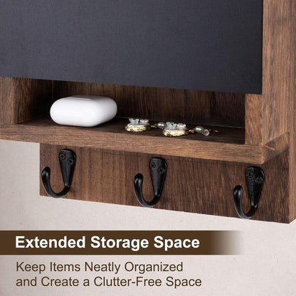 Key and Mail Holder for Wall with Chalkboard and Long Storage Box | Key Holder, Key Hanger with 3 Sturdy Hooks for Coat, Dog Leash, Entryway Mail Organizer