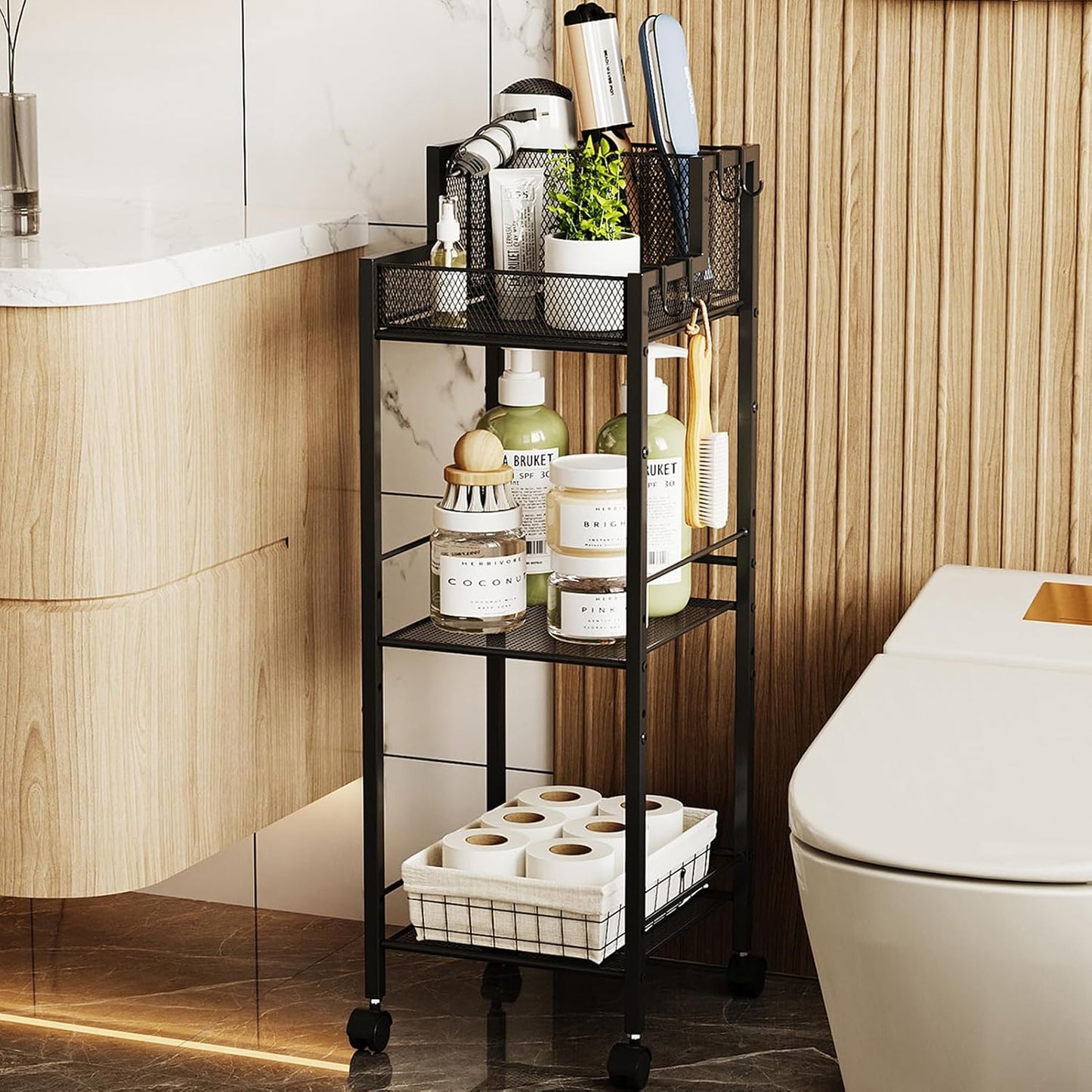 Metal Hair Tool Organizer Wall Mounted, Hair Dryer Holder Basket Storage | Hair Straightener Styling Tools Holder Wall Mount, Bathroom Sink Organizer Countertop for Vanity Makeup Brush, Black