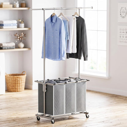 Simple Houseware Laundry Sorter Cart with Hanging Rod, Silver | Extendable Width from 30.25 to 49.25", Removable 3-Section Laundry Basket