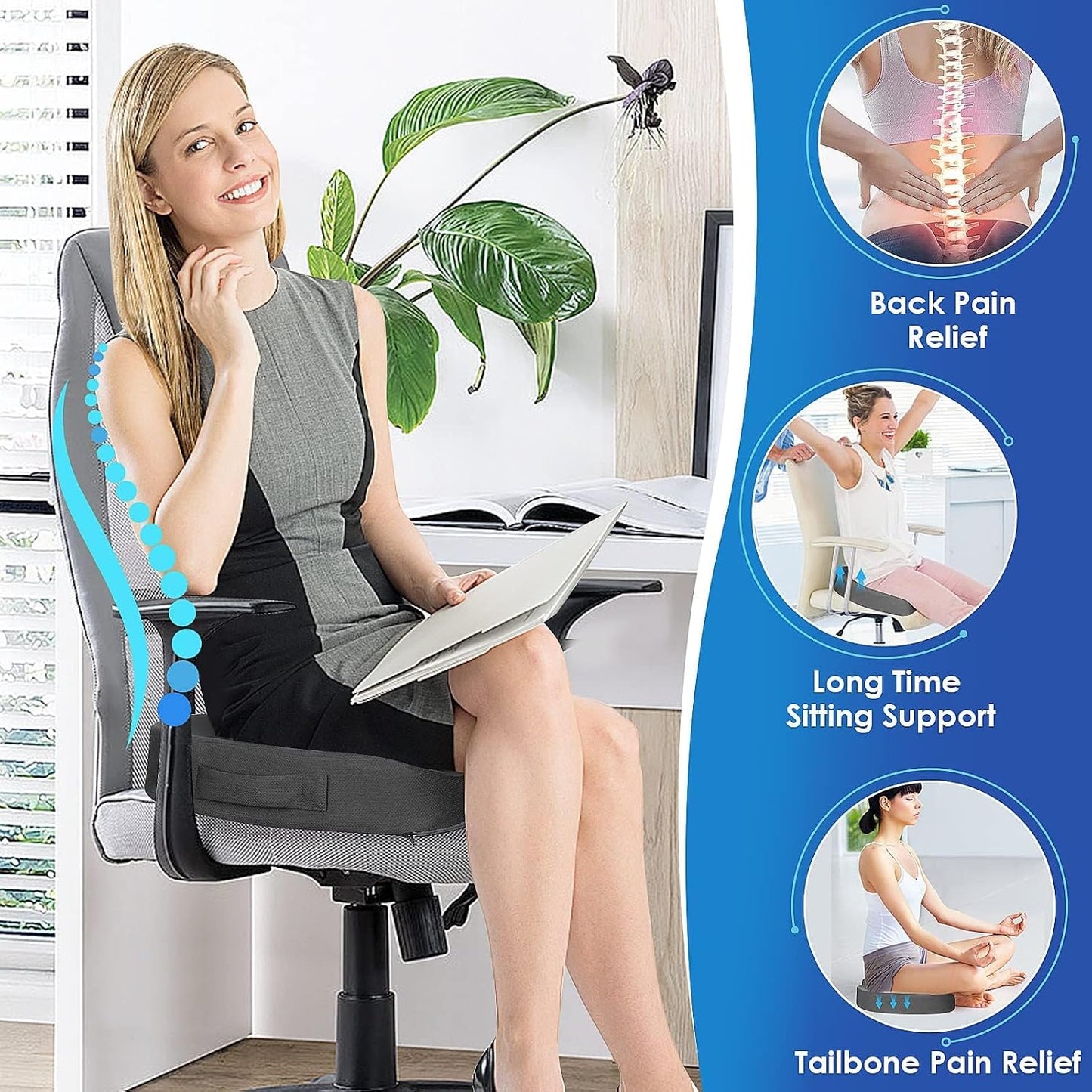 TushGuard Seat Cushion for Office Chair, Car, Memory Foam, Black Large | For Back, Coccyx, Sciatica, Tailbone Pain, Ergonomic Design, Non-Slip, Desk Wheelchair Use, Supportive Butt Pillow, For Man