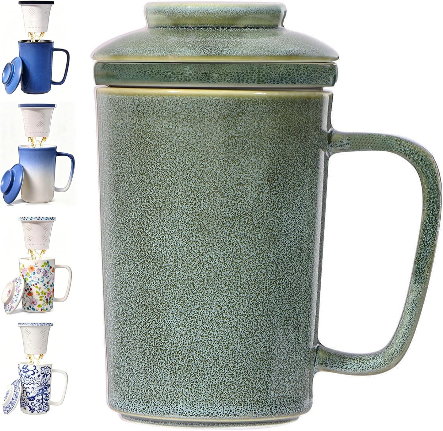 Ceramic Tea Mug with Infuser and Lid,16oz Porcelain Loose Leaf Tea Cup with Large Handle,Metal-Free Filter,Microwave &Dishwasher Safe,Perfect for Tea,Coffee (Sage Green)