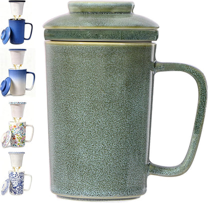 Ceramic Tea Mug with Infuser and Lid,16oz Porcelain Loose Leaf Tea Cup with Large Handle,Metal-Free Filter,Microwave &Dishwasher Safe,Perfect for Tea,Coffee (Sage Green)