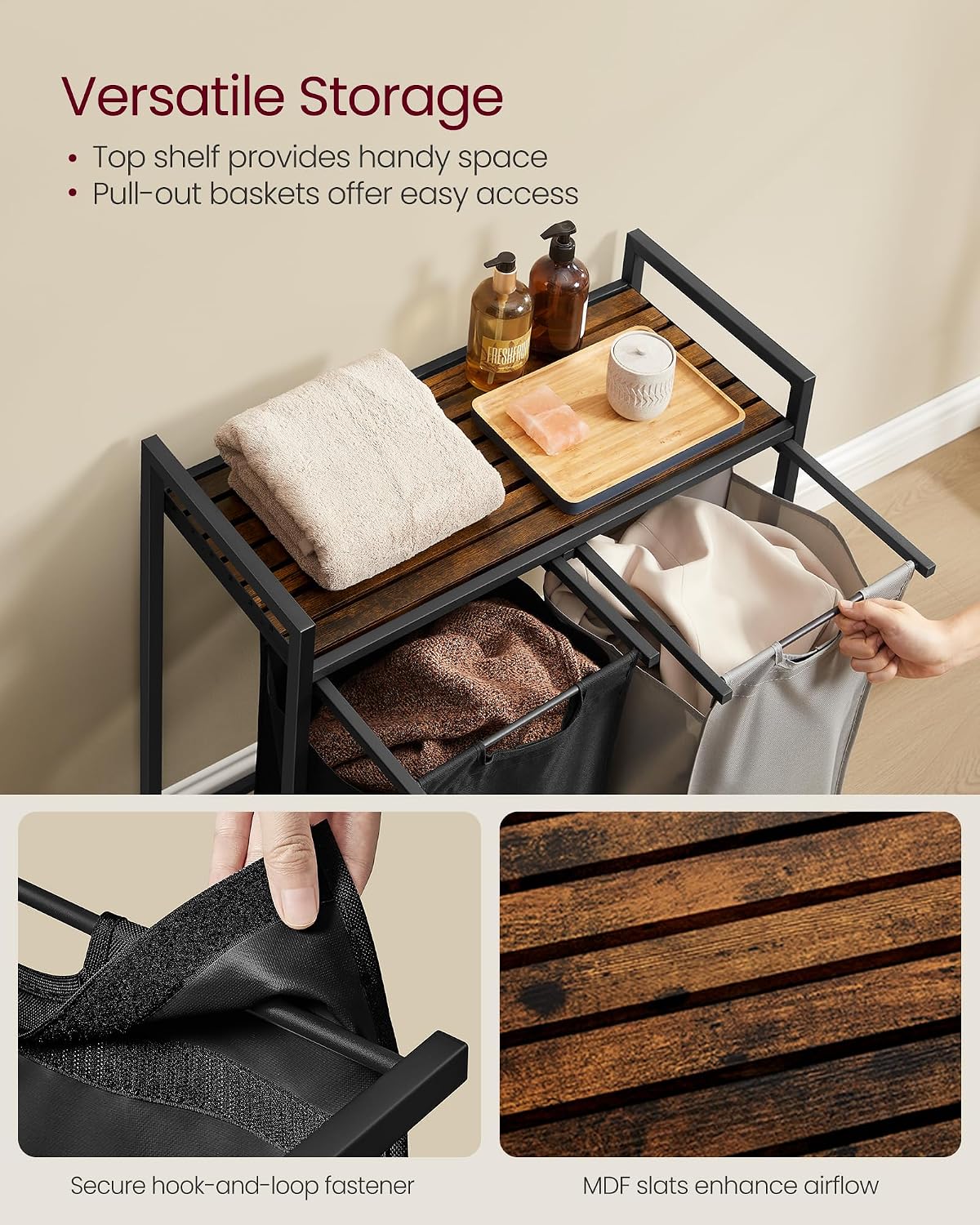 VASAGLE Laundry Hamper, Laundry Basket Sorter with 3 Pull-Out and Removable Bags, Shelf, Metal Frame, 3 x 10.6 Gallons (40 L), 36.4 x 13 x 28.4 Inches, Cappuccino Beige and Natural Beige UBLH301LH01