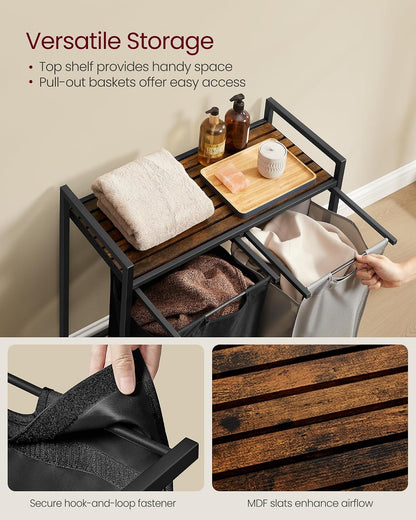 VASAGLE Laundry Hamper, Laundry Basket Sorter with 3 Pull-Out and Removable Bags, Shelf, Metal Frame, 3 x 10.6 Gallons (40 L), 36.4 x 13 x 28.4 Inches, Cappuccino Beige and Natural Beige UBLH301LH01