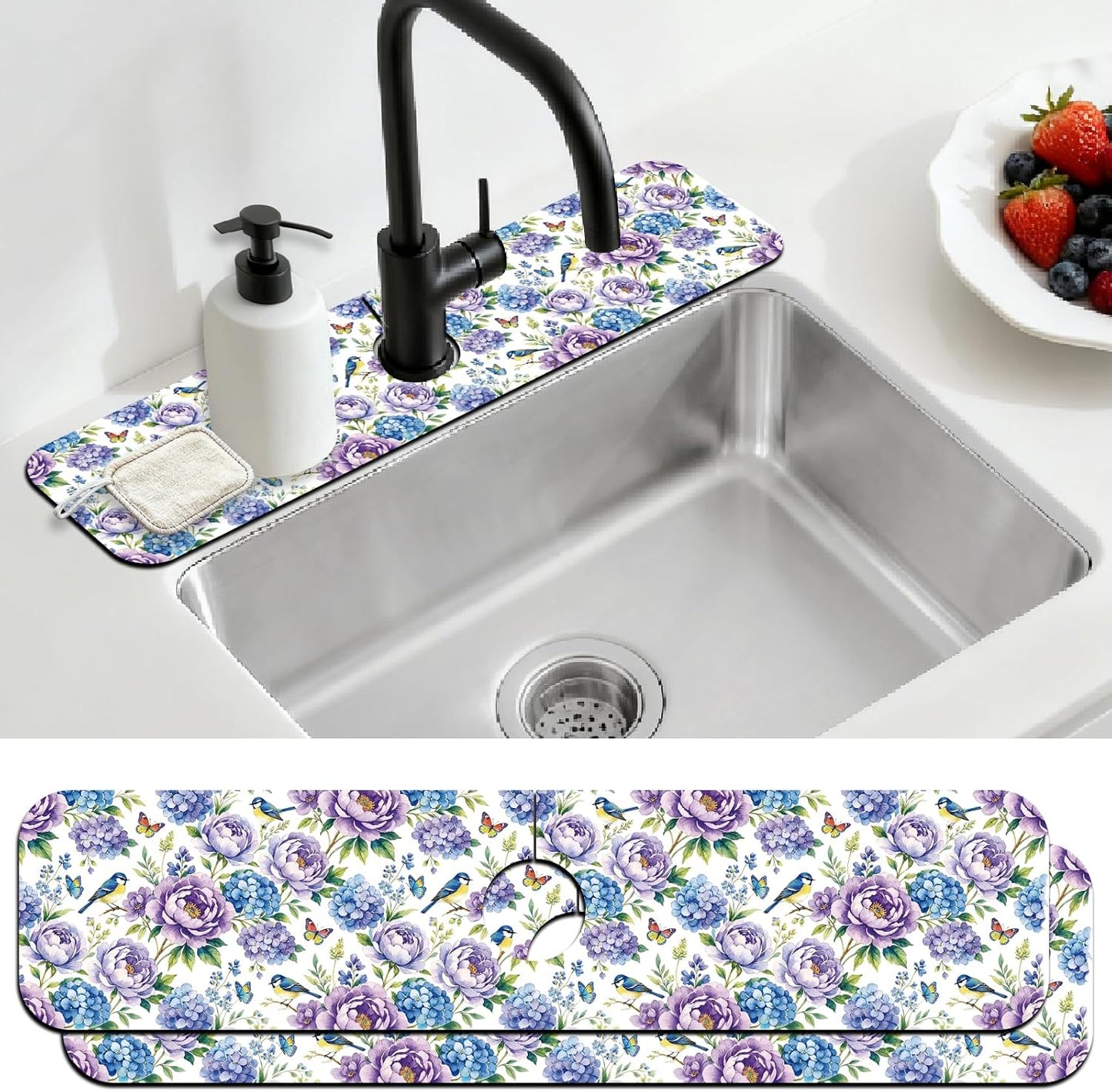 2Pcs Peonies Kitchen Sink Splash Guard Faucet Mat Vintage Florals Faucet Mat For Bathroom Kitchen 5.5x23.6In
