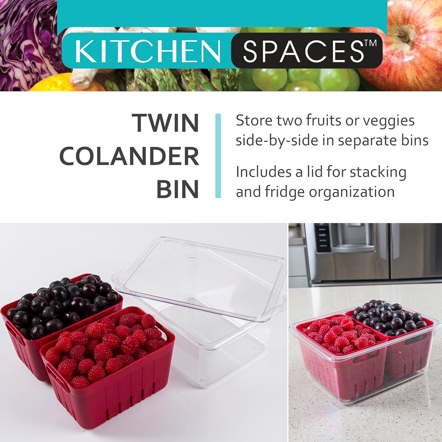 Kitchen Spaces Stackable Fridge Storage Colander Containers, Variety Pack | 3 Sizes to Store Fresh Produce, Organize Washed Fruits and Veggies, Snap and Seal Lids with Adjustable Vents, Hand Wash Only