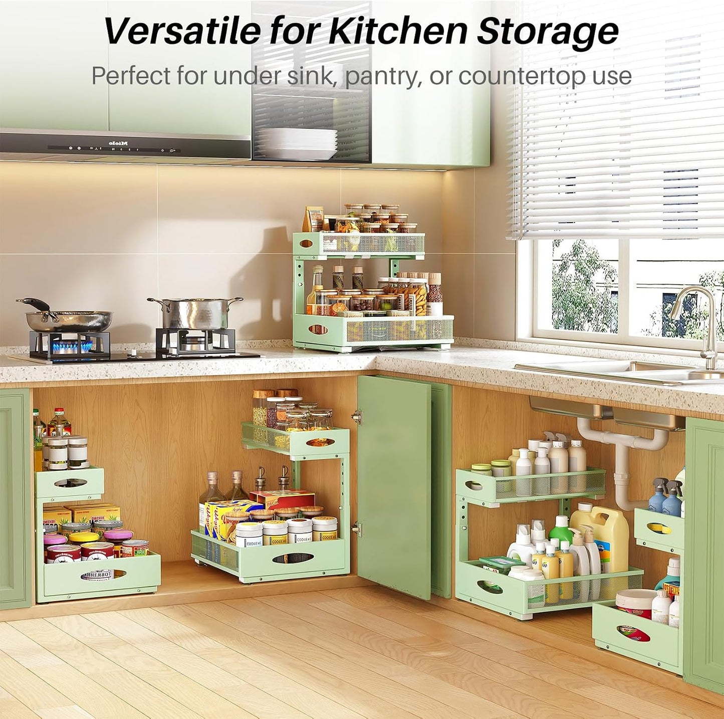 Under Sink Organizer, 2-Pack Pull Out Cabinet Organizer 2 Tier Metal Slide Out Storage Shelf Rack, L-Shaped Adjustable Height,Mesh Sliding Drawer for Kitchen, Bathroom, Laundry, Pantry, White, XL