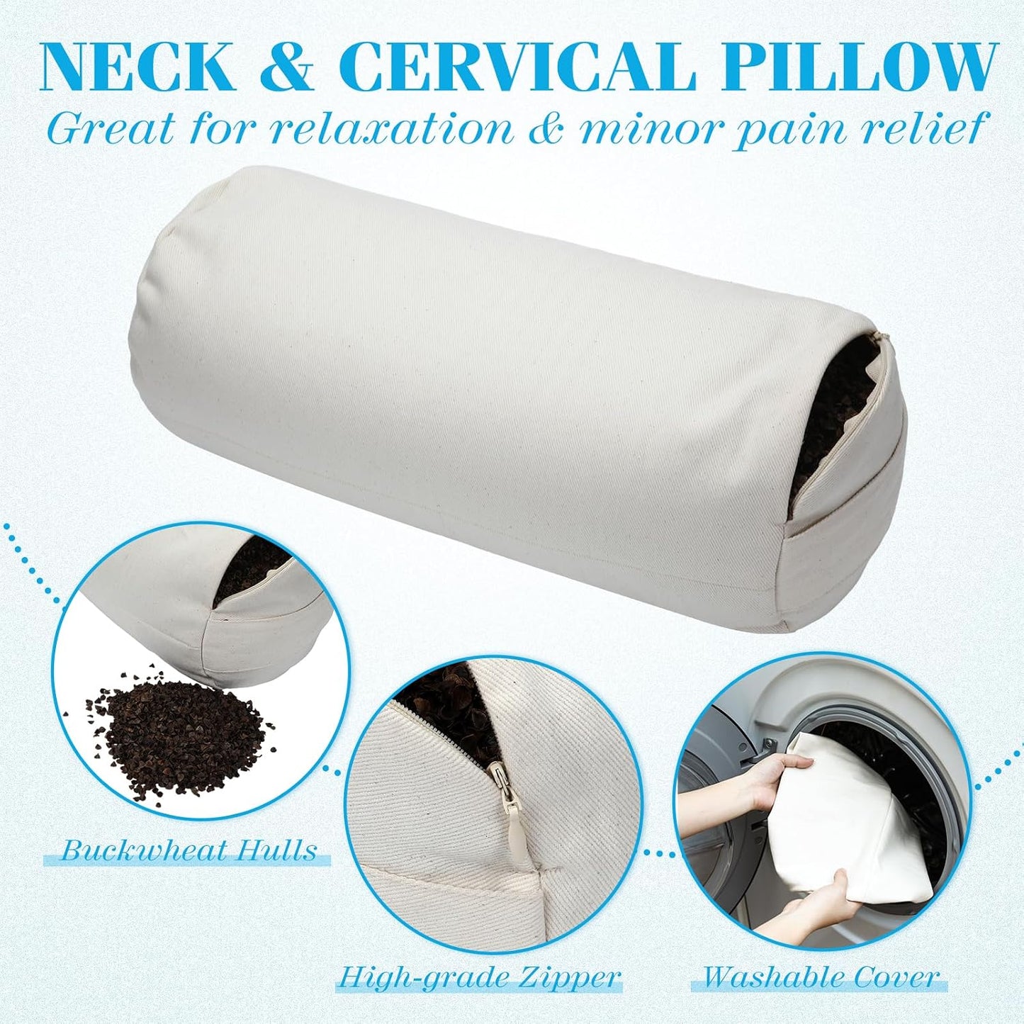 DoubleFill Buckwheat Pillow Cylinder Bolster Pillow to Provide Firm Support, Cervical Neck Roll Adjustable with Organic Pillowcase, Tartary Buckwheat Hulls
