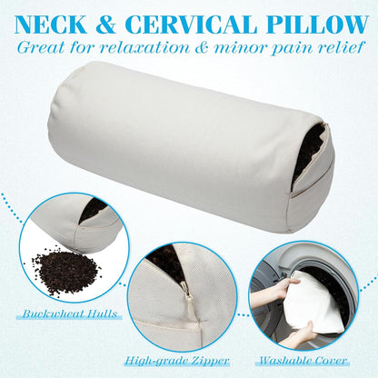 DoubleFill Buckwheat Pillow Cylinder Bolster Pillow to Provide Firm Support, Cervical Neck Roll Adjustable with Organic Pillowcase, Tartary Buckwheat Hulls
