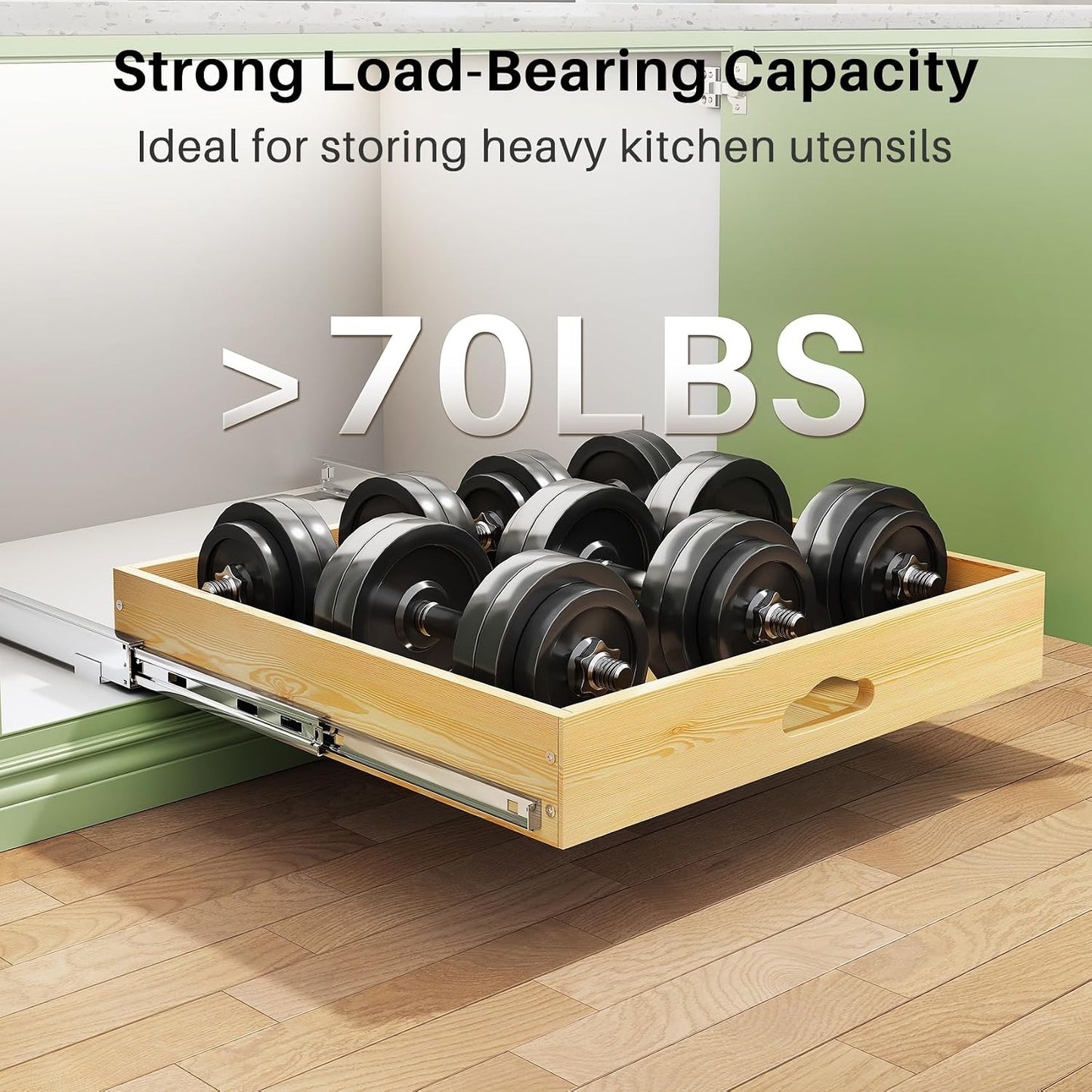 Pull Out Cabinet Organizer, Soft Close Wooden Slide Out Drawers for Pots and Pans, Full-extension Roll Out Shelves for Kitchen Cabinets, Pantry Organization, Bottom & Side Mount(15"W X 21"D x 3.4''H)