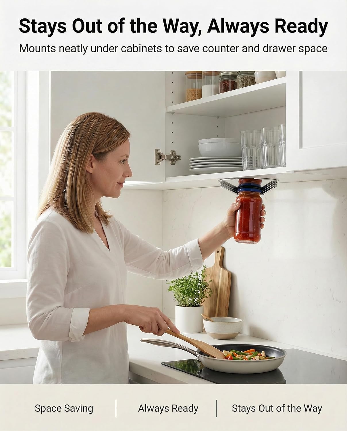 Under Cabinet Jar Opener for Seniors with Weak Hands, All Metal Easy Grip Lid Opener Under Cabinet for Arthritis Hands, Bonus 2 Rubber Jar Openers