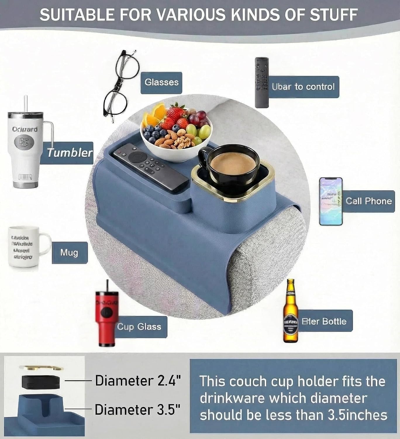 Luxury Gold Trim Couch Cup Holder Tray - Weighted Anti-Spill Navy Blue Silicone Sofa Armrest Organizer, Non-Slip Recliner Tray Table for Drinks, Remote, Phone - Fits Most Couch Arms