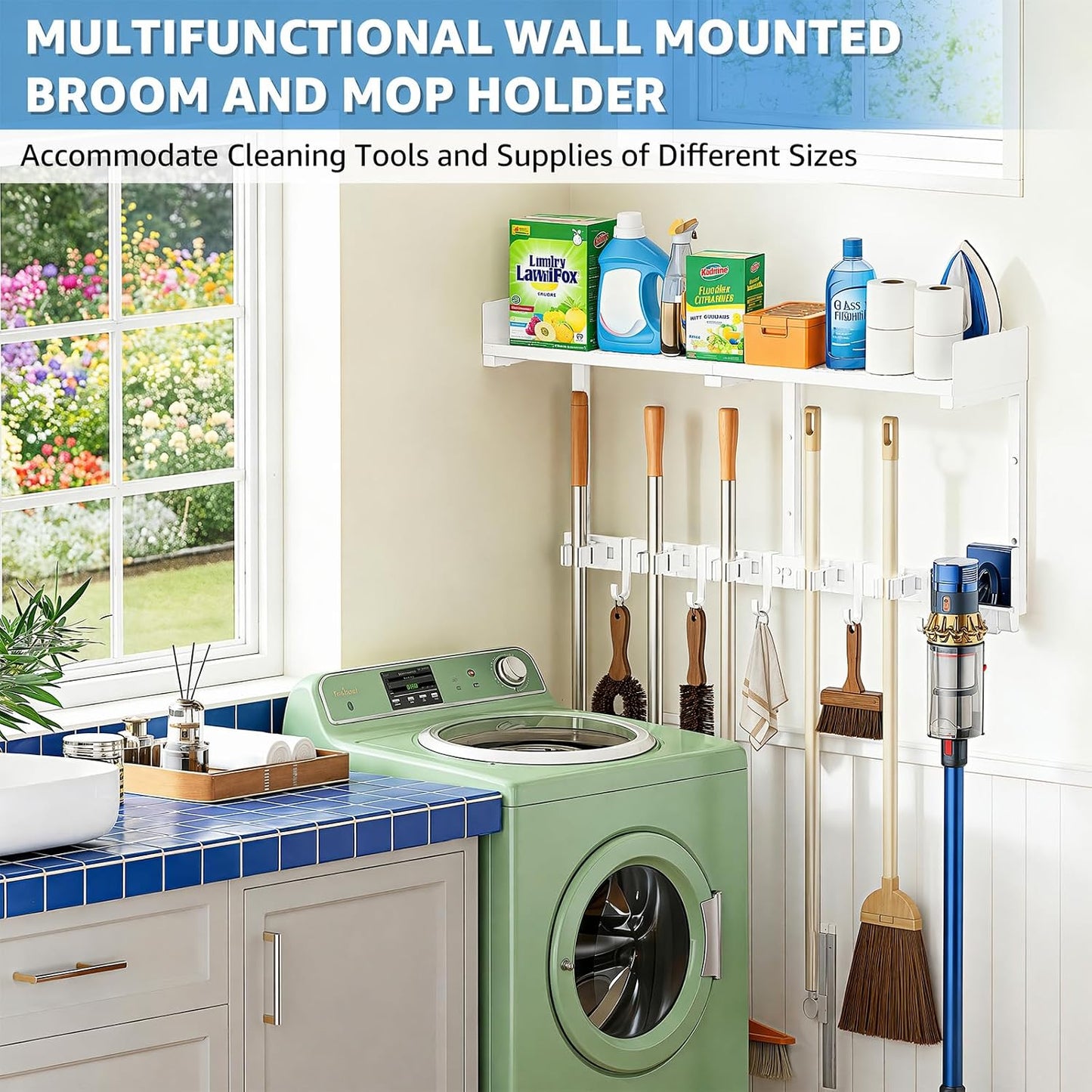27" Mop and Broom Holder Wall Mount with Top Storage Shelf & Hooks,Black | Mop Hanger Wall Mount, 5 Grippers, 5 Hooks, Wall Organizer For Laundry Room, Garage And Kitchen