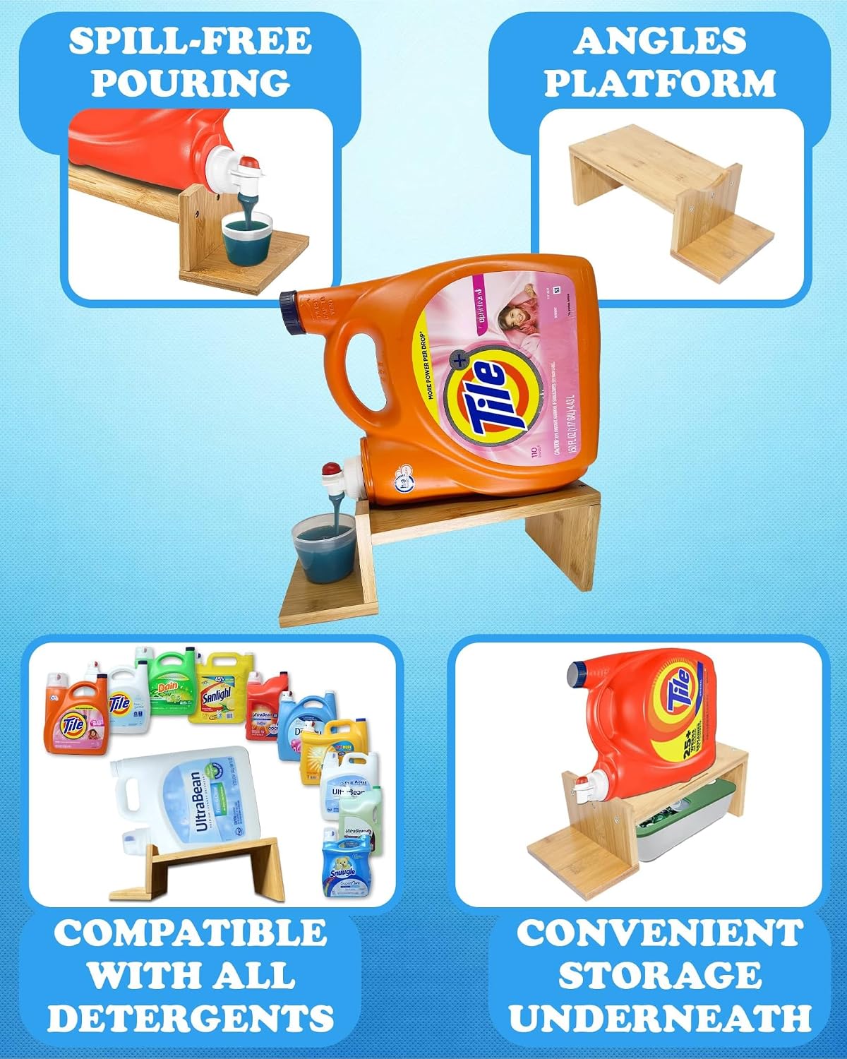 Liquid Laundry Detergent Holder Stand with Drip Tray - 1 Pack - Black | Easy Pouring, Rubber Feet, Angled Stand, Fabric Softener Dispenser for Laundry Room Organization & Storage