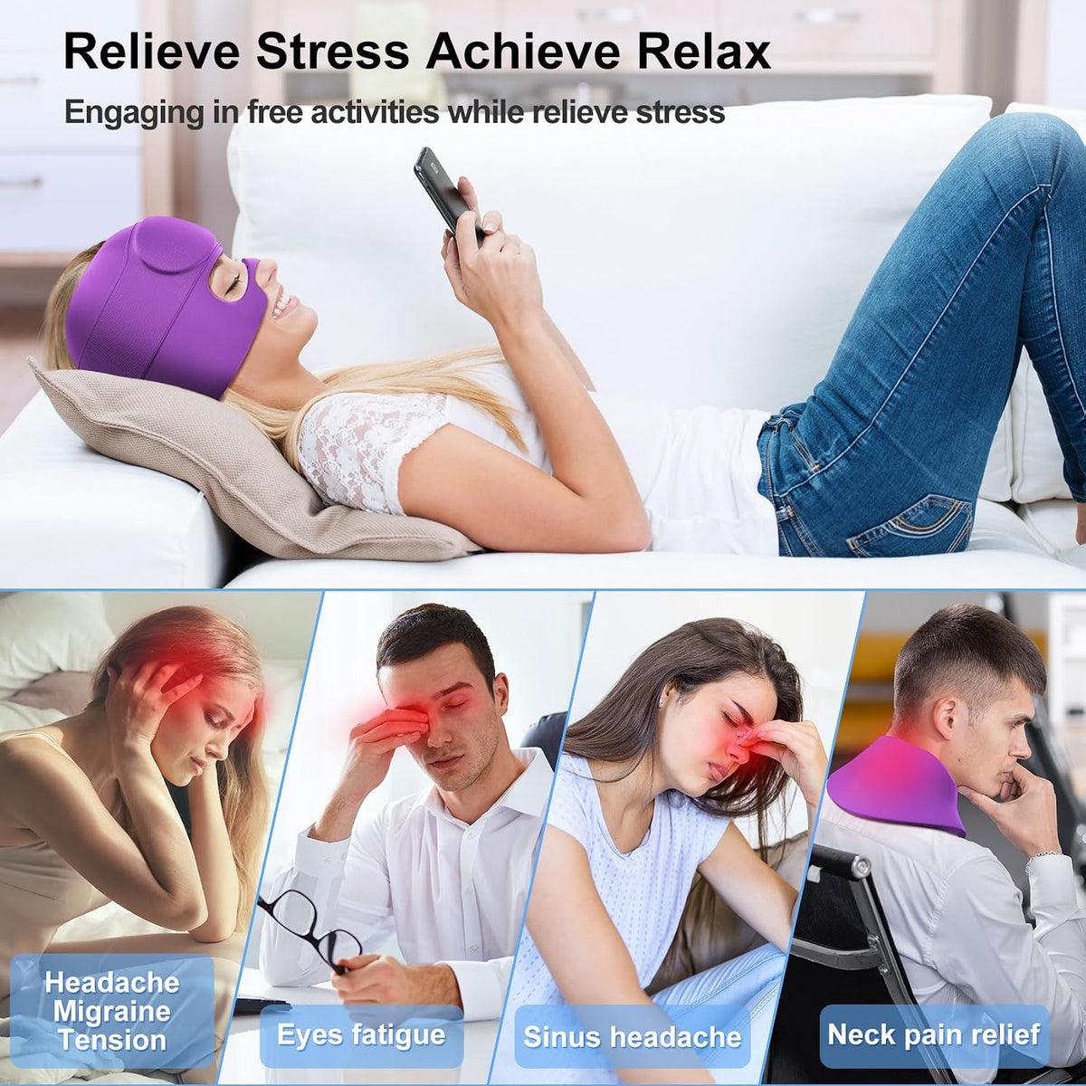 2 in 1 Migraine Relief Cap with Gel Eye Mask, Headache Relief Cap Ice Head Wrap Hot and Cold Therapy Hat Gift for Women for Headache Puffy Eyes Sinus and Tension Stress Relief (Light Purple)