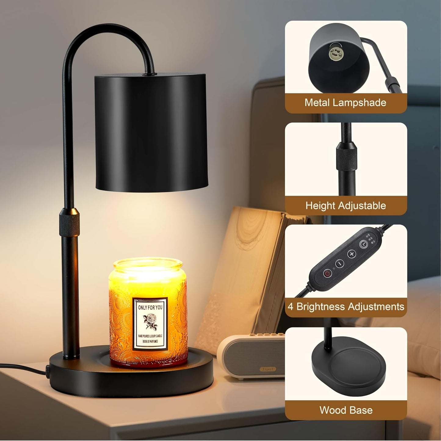 Dreamholder Electric Candle Warmer Lamp with Timer & Dimmer, Adjustable Height Wax Melt Warmer for Jar Candles, Wood Base Candle Melter, Floral Home Decor Gifts for Women, Mom, Natural Wood