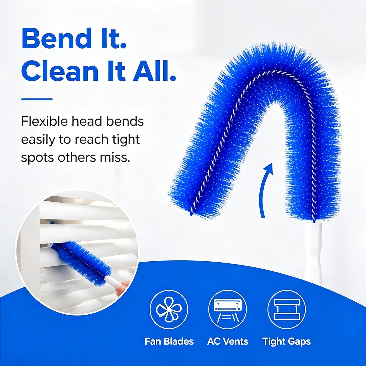 Fan Cleaning Brush – Bendable Microfiber Duster, Reusable Dust Remover, Washable, for Electric Fans, Air Conditioning, Blinds, Vents, Car & Home Use，Blue：2