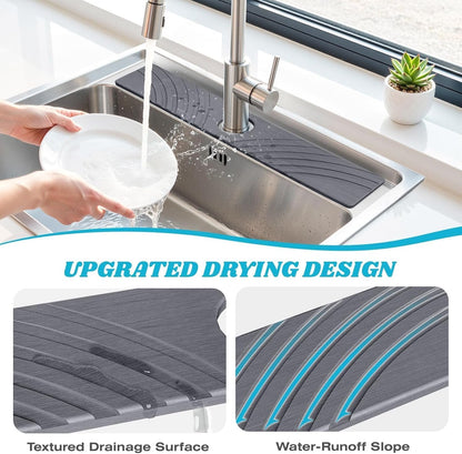 SpaceHacks Stone Faucet Mat for Kitchen Sink 23.7x4 in, Light Gray | Fast Drying Diatomite Stone Drying Mat, Water Splash Guard, Textured Drainage Sink Protector, Suits Bathroom&Kitchen Counter