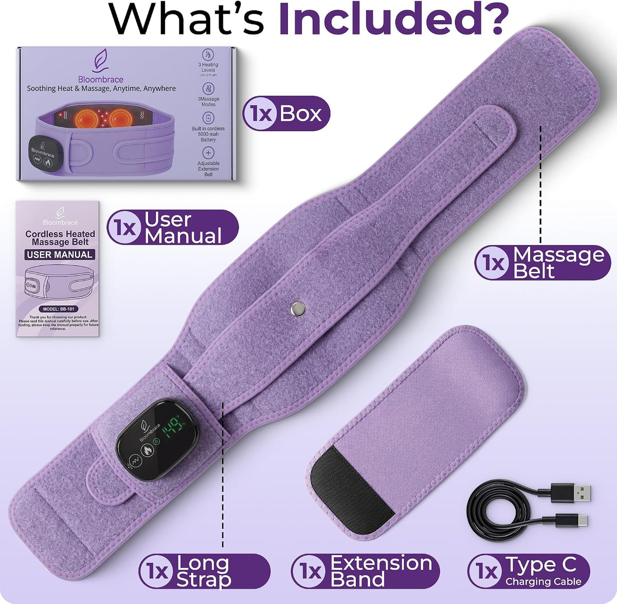 Cordless Wearable Heating Pad with Massager for Back Pain Relief, Wireless Rechargeable Portable Heat Belt for Period Cramps, Postpartum Recovery and Lower Back Comfort