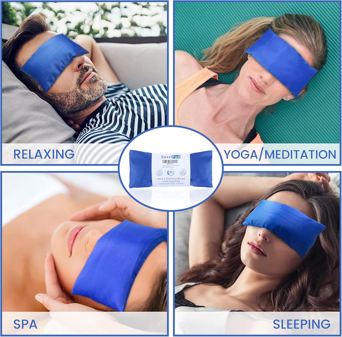 SuzziPad Hot & Cold Lavender Eye Pillow for Relaxing, Sapphire, 4 Packs | Washable Weighted Yoga Eye Mask For Meditation, Dry Eye Soothing & Sleep; Blocks Light, Soothes Migraines & Ocular Discomfort