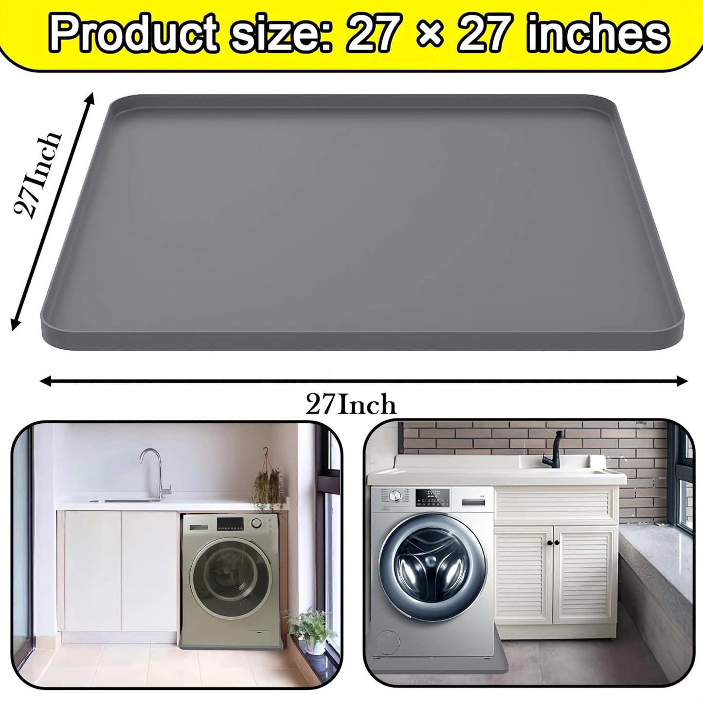 27×27inch Washer Drain Pan Silicone Mat, With Raised Edge Washing Machine Silicone Mat, Multi-function Non Slip, Soft Foldable Portable Waterproof Pad（black）