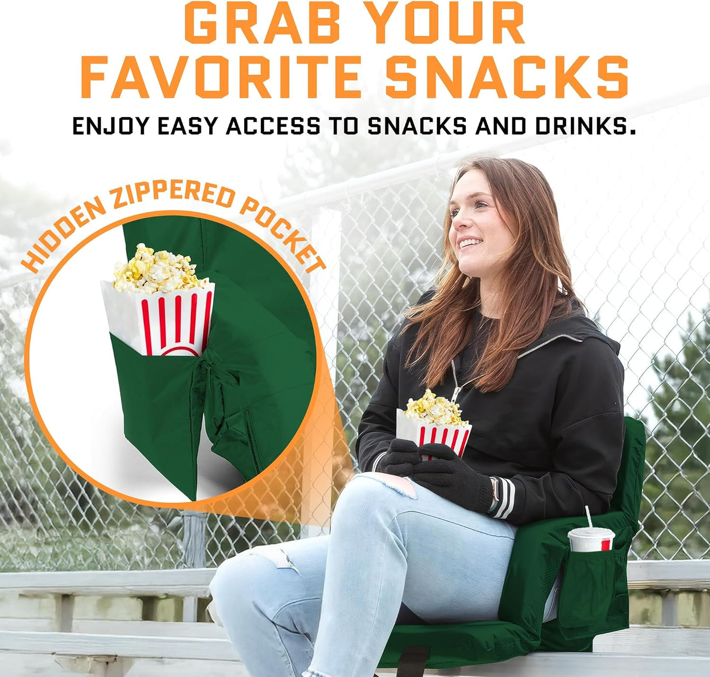 Heated Stadium Seats for Bleachers with Back Support – USB Battery Included - Upgraded 3 Levels of Heat - Foldable Chair - Cushioned, 4 Pockets for Snacks, Cup Holder - for Camping, Games & Sports