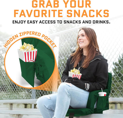 Heated Stadium Seats for Bleachers with Back Support – USB Battery Included - Upgraded 3 Levels of Heat - Foldable Chair - Cushioned, 4 Pockets for Snacks, Cup Holder - for Camping, Games & Sports