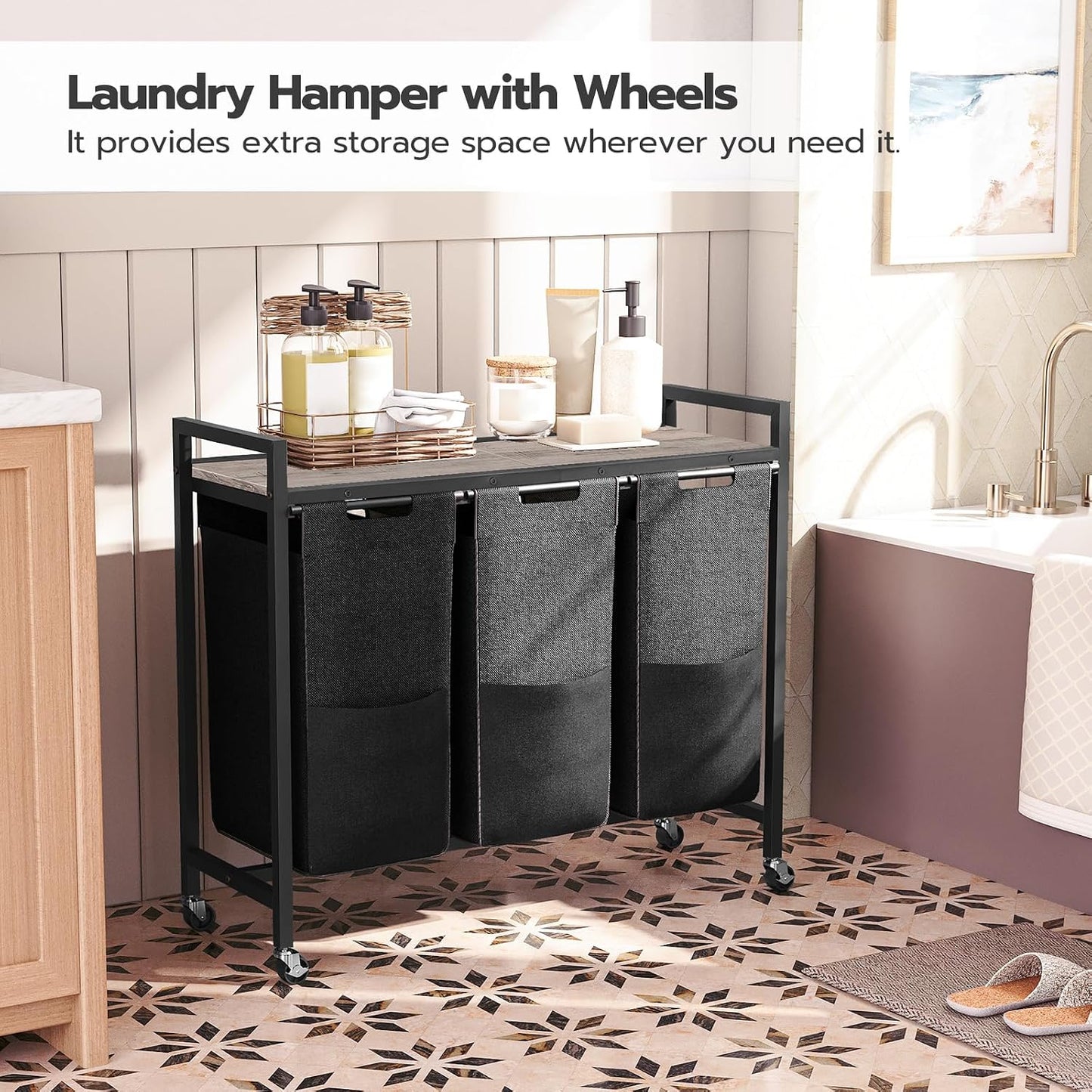 HOOBRO Laundry Sorter 3 Section, Laundry Hamper with Wheels, 3 × 11.5 Gal (43.4L), Rolling Laundry Basket, Pull-Out and Removable Oxford Fabric Laundry Bags, Rustic Brown and Grey BFG76XY01