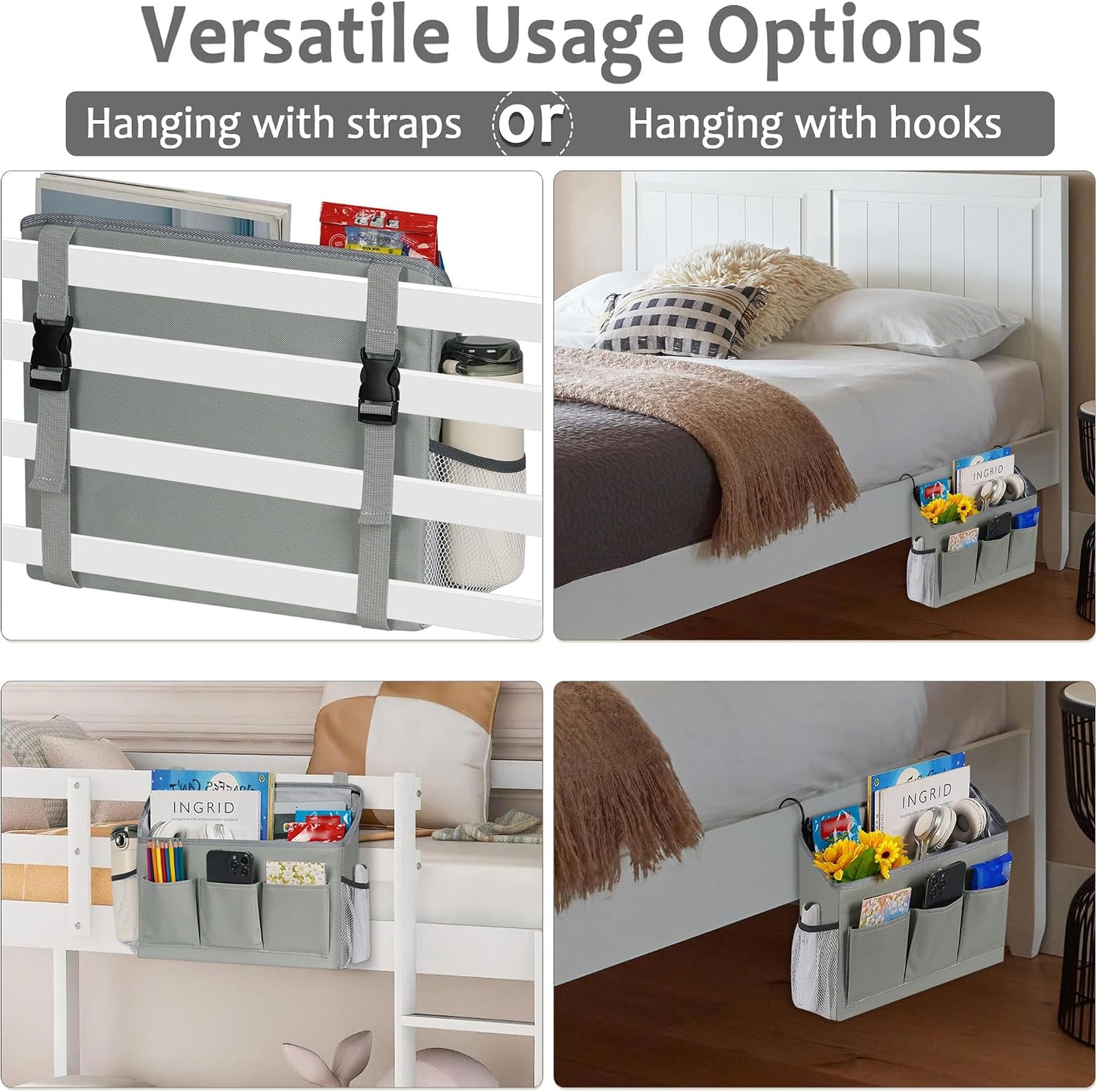Loghot Bedside Caddy Organizer Bed Storage Bag for Dorm Hospital Crib White | 7 pockets bedside hanging organizer for phone books remotes, fits dorm hospital crib bunk beds, keeps organized easy access