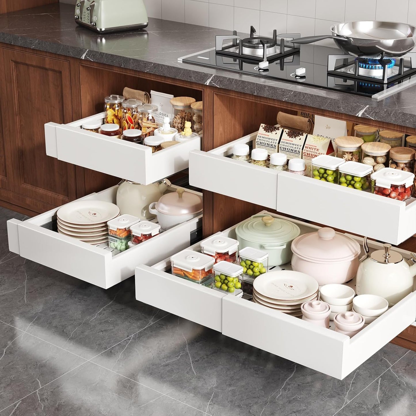 Seinloes Pull Out Cabinet Organizer,4-Side Expandable to Maximize Cabinet Space,Slide Out Drawers with 3 Rail Design,Roll Out Shelf with Raising Pad for Framed Cabinet,13"-21"W x 17"-24"D,White,2 Pack