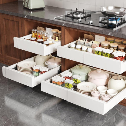 Seinloes Pull Out Cabinet Organizer,4-Side Expandable to Maximize Cabinet Space,Slide Out Drawers with 3 Rail Design,Roll Out Shelf with Raising Pad for Framed Cabinet,13"-21"W x 17"-24"D,White,2 Pack