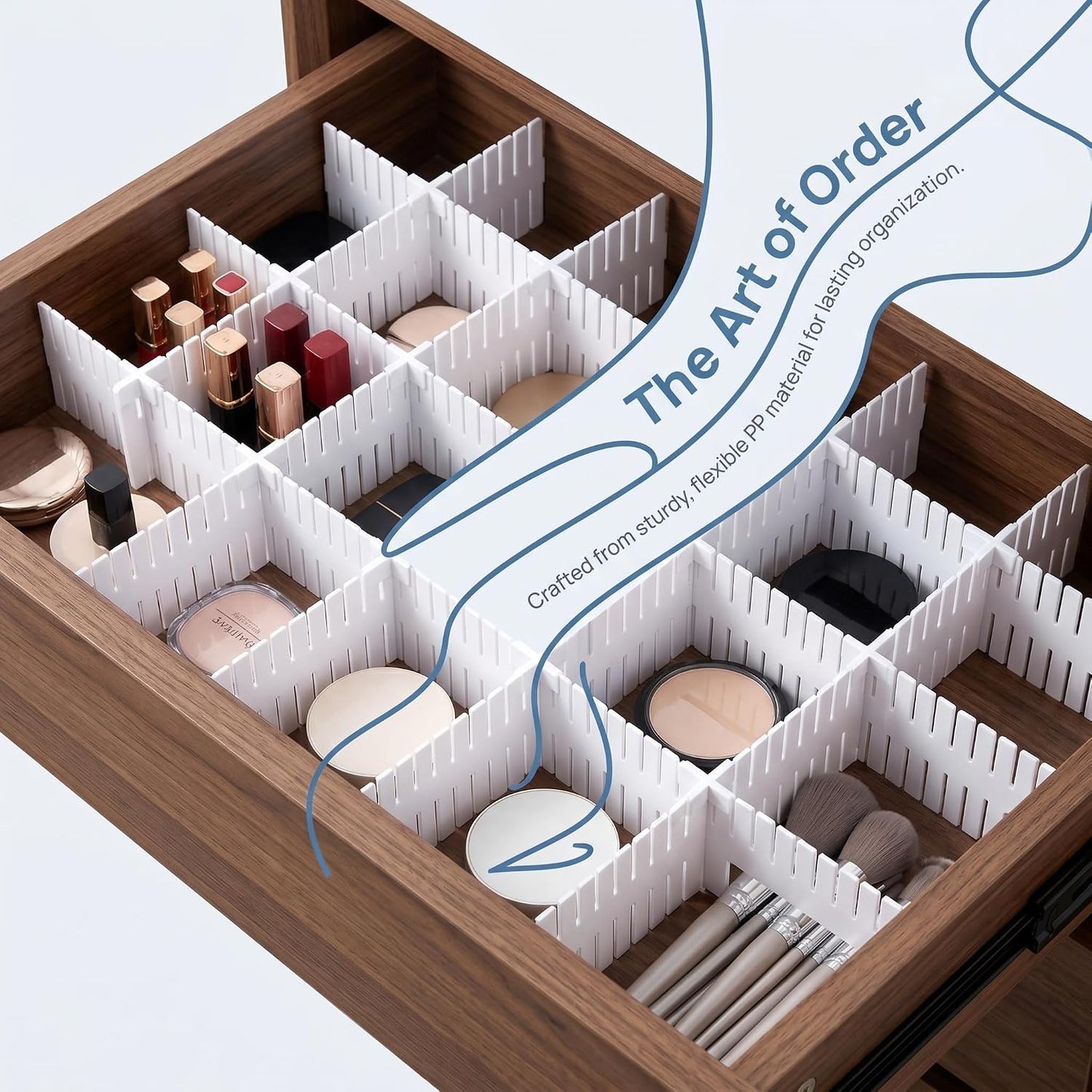Adjustable Plastic Drawer Separators, 15 PCS Dividers + 25 Connectors, 14.96" Length x 4.33" Height, Cuttable Storage Organizer for Socks, Garments, Kitchen Tools, Bedroom & Bathroom Drawers