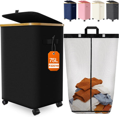 Double Laundry Basket with Wheels and Lid, 150L Clothes Hampers for Laundry | Large Laundry Hamper with 2 Sections & Removable Liner Bags, Rolling Dirty Clothes Basket for Bedroom Bathroom Dorm College
