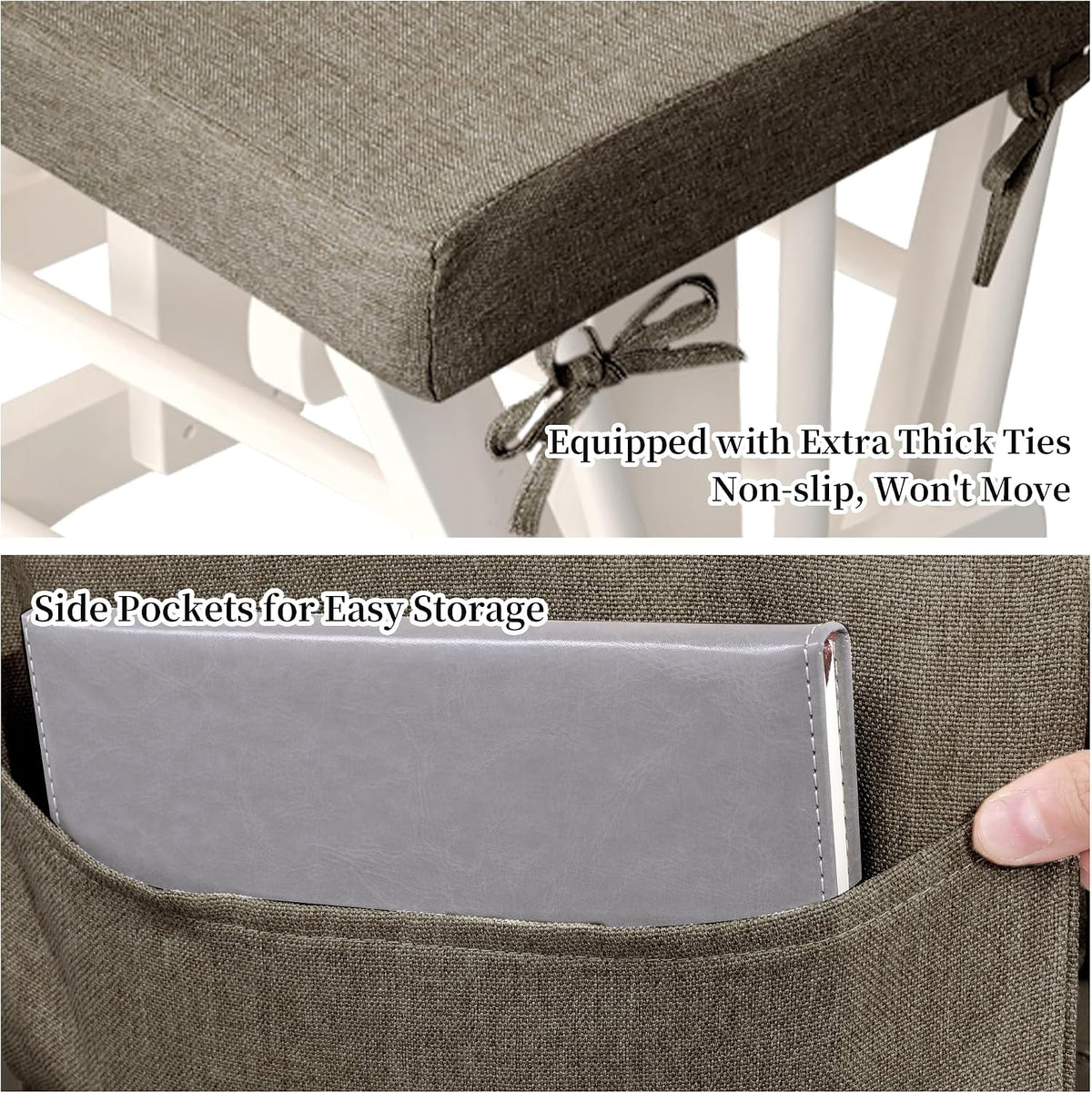 HOMBYS Glider Rocker Replacement Cushions with Storage Side Pocket,Linen-Like Fabric, Foam & Microfiber Filling, Non-Slip & Washable,Thickened & Supportive for Glider Rocking Chair (Khaki)
