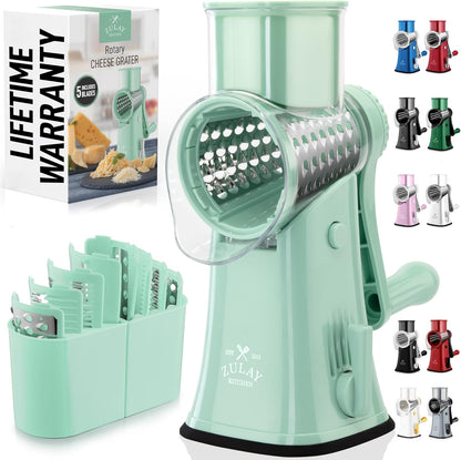 Zulay Kitchen Rotary Cheese Grater 5 Blade Cheese Shredder - Manual Hand Crank Cheese Grater With Reinforced Suction & 5 Interchangeable Drums - Easy to Use, Vegetable Chopper Round Mandoline Slicer - Colors A
