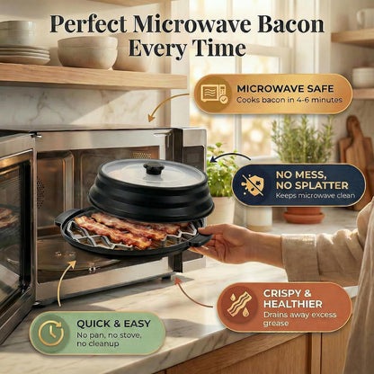 Microwave Bacon Cooker with Lid, 3-Piece Bacon Tray for Microwave Oven | Crispier Bacon with Less Grease,Collapsible Cover,Grease-Draining Rack,Oil Collection Tray,BPA-Free Material