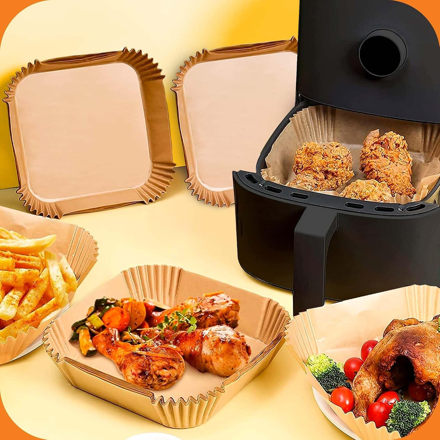 UrbanAir 6.5-Inch Square Air Fryer Paper Liners 125pcs for Easy Cleanup - Non-Stick, Heat-Resistant, and Perfect Fit for Hassle-Free Cooking | Bleach-Free Parchment| (6.5 in/16cm 125pcs)