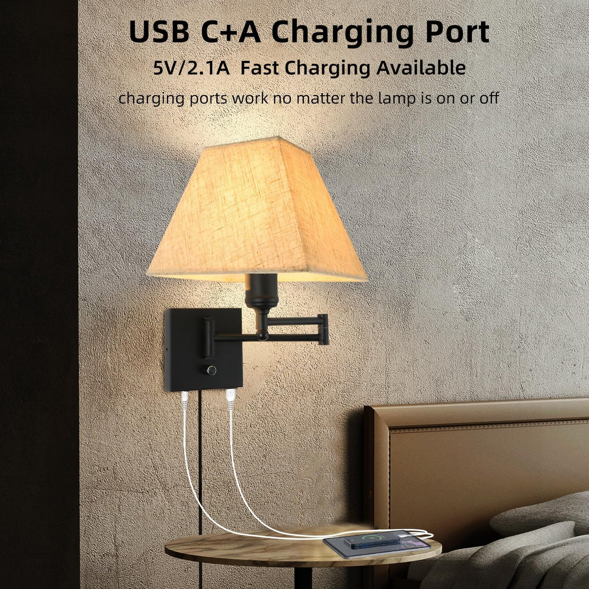 Wall Mounted Lamp Plug in Wall Sconce with Dimmable Switch Swing Arm Wall Lamp Whire Fabric Shade with USB Port Gold Wall Sconce Suitable for Hallway Bedroom Living Room…